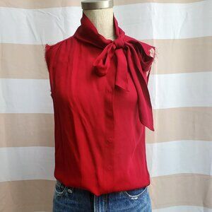 REVOLVE NSF SILK sleeveless TOP neck tie RAW hem button front Berry BURGUNDY XS